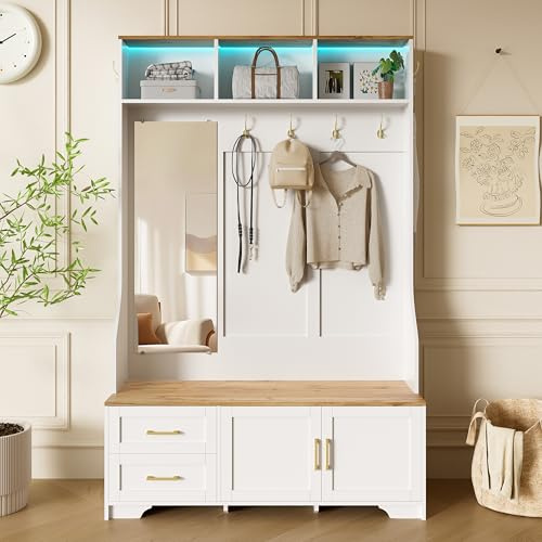 Kebnor Armario multifuncional para pasillo y zapatero con iluminación LED, espejo, ganchos y cajones, armario moderno para entrada y vestíbulo, con espacio de almacenamiento y asiento