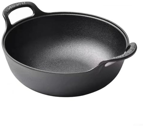 ZWEquipint Uncoated Cast Iron Wok with Dual Handles and Wooden Lid, Flat Bottom Non-Stick Frying Pan 20cm for Stir-Frying, Deep-Frying, Braising, Steaming on Induction, Gas and Electric S(A)
