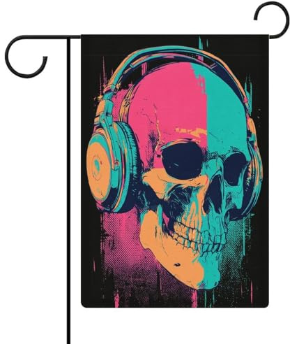 Menschlicher Totenkopf mit großen DJ-Kopfhörern, Gartenflagge, saisonaler Urlaub, Jute, doppelseitig, Haus, Hof, Außenflaggen, 32 x 47 cm
