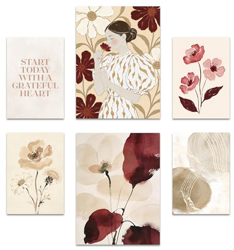 ARTFAVES® Poster Set - Abstract Red Elegance - Gallery Wall Bilderwand Wohnzimmer, Schlafzimmer - 6 moderne Wandbilder Abstrakt, Kunst, beige, rot, Gemälde, Blumen - ohne Bilderrahmen