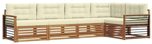 vidaXL Outdoor-Sofagarnitur mit Kissen 5 pcs Natur und Creme, Gemütliches Outdoor-Set, modernes Ecksofa, robuster Loungesessel, Gartenmöbel, Terrasse zum Relaxen