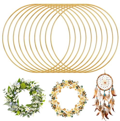 10 Stück 20cm Metallringe zum Basteln, Gold Metallring, Metallringe Drahtringe Deko Ringe Makramee Zubehör Ringe zum Basteln Aufhängen Traumfänger DIY Floral (Gold)