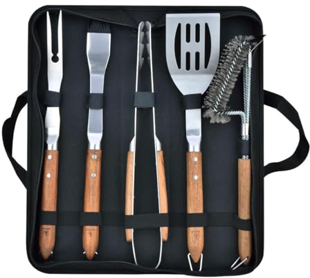 Set de 5 Ustensiles Barbecue – Pince, Spatule, Fourchette, Pinceau & Brosse | 5 accessoires barbecue 42 à 44 cm, acier robuste, manches en bois d’acacia, prise en main longue et entretien facile
