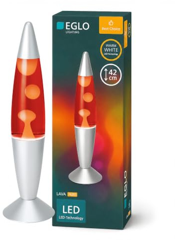 EGLO LED Lavalampe Lava, Deko Lampe Wassersäule, Retro Lavaleuchte Kinder | Dekoleuchte Kinderzimmer in Silber, rote Flüssigkeit mit gelbem Wachs, 42 cm