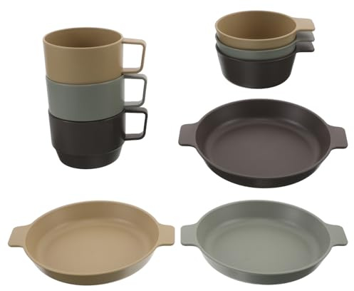 Gatuida Ensemble de Camping 9pcs en Plastique Incassable Réutilisable Assiettes, Bols Légers et Tasses pour Pique-niques, Randonnée Cuisine Extérieure