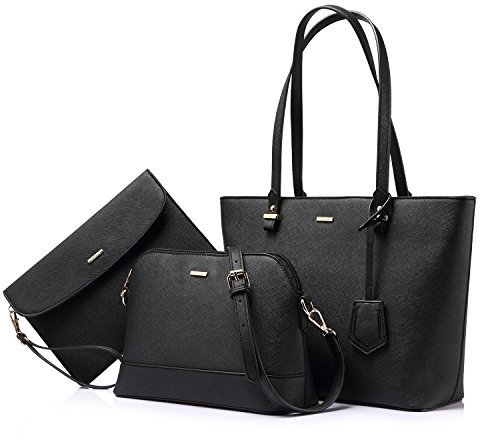 LOVEVOOK Handtasche Damen Shopper Schultertasche Blau Umhängetasche Geldbörse Tragetasche Groß Tasche Tote für Büro Schule Einkauf Reise Leder Handtasche 3-teiliges Set, Schwarz, M