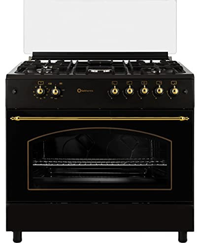 SOLTHERMIC F9L50G2RB COCINA NEGRA RUSTICA CON MANDOS DORADOS/ANCHO 90 CMS / 5 FUEGOS/HORNO PANORAMICO 115 L. / GAS BUTANO Y GAS CIUDAD/ENTREGA A DOMICILIO Y RETIRADA DEL USADO GRATIS