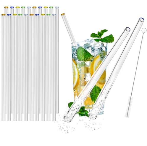 com-four® Paja de vidrio 20x - Pajitas de vidrio reutilizables con cepillo de limpieza - Tubos de bebida ecológicos para bebidas y batidos