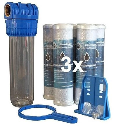 Filtergehäuse Set 10 Zoll 1 IG + 3 Aktivkohle Vor Filter Brunnen Hauswasser Zisterne Poolfilter Trinkwasser