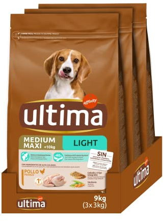 Ultima Hundefutter Medium-Maxi für Erwachsene, Light mit Huhn, 3 x 3 kg, insgesamt 9 kg