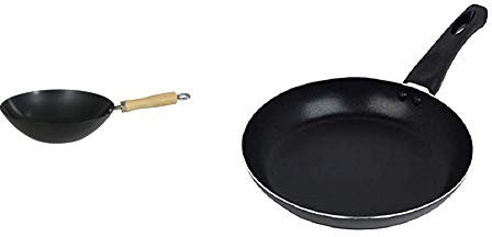 Dexam Non Stick Carbon Steel Wok with Wood Handle 27cm/10.5 -inch & Sapphire Collection 20 cm Non Stick Fry Pan