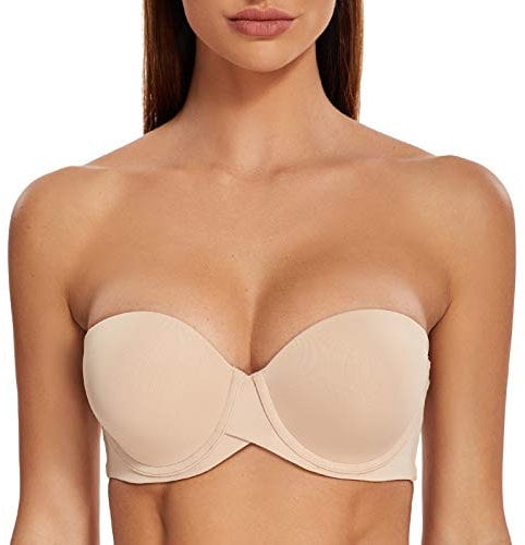 MELENECA Women's Push up Strapless Bras with Lift Stay Put Padded Cup Beige 34B
