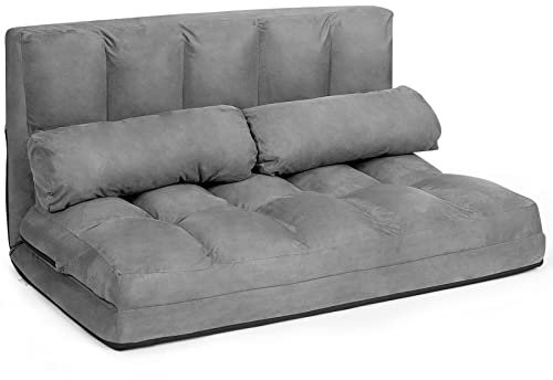 GOPLUS 2 Sitzer Bodensofa mit 2 Kissen, 3 in 1 Sofabett Liege Sofa mit 6 stufig Verstellbarer Rückenlehne, Klappsofa mit Schlaffunktion für Wohnzimmer Schlafzimmer (Grau)