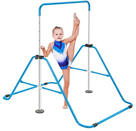 Trintion Gymnastics Bar Folding Training Equipment Gymnastic Kids Horizontal Bar Adjustable Height 84-130cm for Girls Boys Home Indoor Outdoor Blue