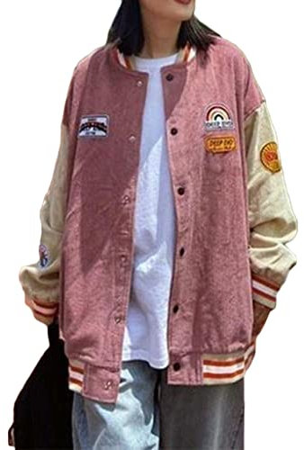 Onsoyours Blouson Bomber Femme Manches Longues Vintage Veste Bomber Casual Snap Jacket College Poches Coupe-Vent Baseball Blouson Sweat Veste E Rose M