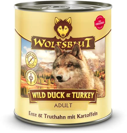 WOLFSBLUT – Wild Duck & Turkey Adult | Nassfutter mit natürlichen Zutaten und Superfoods für ausgewachsene Hunde. Getreidefreies Alleinfutter ohne Zusatzstoffe in der Dose | 6x800g