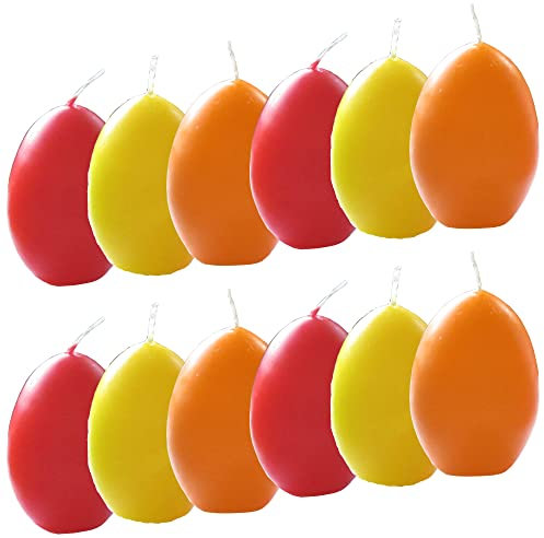 AUSWAHL Farbe + Menge - Eikerzen Dekoeier Kerze Osterei Eierkerzen farbig sortiert 4,5 x 6,5 cm - hier: 12 Stück [rot, gelb, orange]