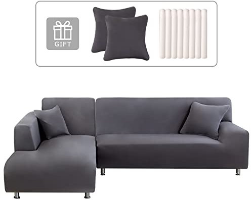 Lydevo Sofabezug Ecksofa L Form Sofa Überwürfe Stretch Sofabezug, Rechts oder Links mit Zwei Kissenbezügen Waschbar Universal-Couchbezug, Sofa Cover L Shape(2 Sitzer+3 Sitzer,Grau)