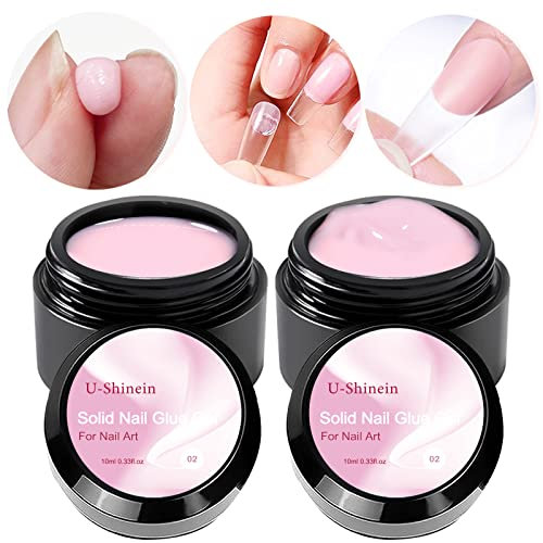 U-Shinein 2x10ml Solid Nail Glue Gel, Pink Nail Glue Gel for Press on Nails Acrylic Nails Tips Glue Gel Solid Gel Polish Nail Art Glue Gel, Need Longer Nail Cure