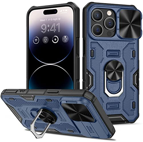 Doeshine for iPhone 14 Pro Case with Kickstand & Slide Camera Cover, Built-in 360° Rotate Ring Stand Magnetic, Heavy Duty Shockproof Protective Phone Cover Case for iPhone 14 Pro 6.1 inch (Blue)