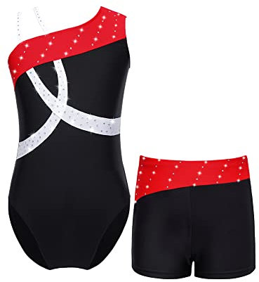 iEFiEL Mädchen Einhörner Turnanzug Glänzend Gymnastik Leotard Kinder Kleidung Set Ballett Trikot Tanz Kostüme mit Überkreuzte Träger X Schwarz + Rot 158-164