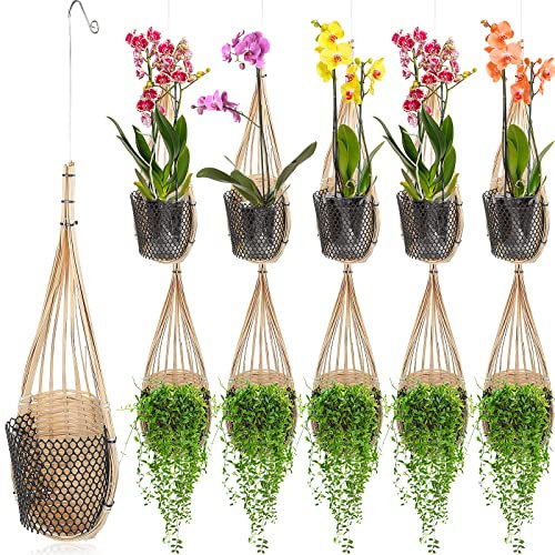 10 Stück Orchideen-Übertopf aus thailändischem Bambus, gewebt, 10 cm Hänge-Orchideenkorb, Bambus-Blumenkorb mit Metallhaken, Vogelnest-Stil, drinnen und draußen, kleiner Blumen-Pflanzgefäß