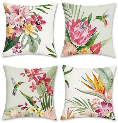 Bonhause 4er Set Kissenbezüge Blumen Tropische 45 x 45 cm Blume Blätter Outdoor Polyester Leinen Dekorative Kissenhülle Zierkissenbezüge für Sofa Garten Outdoor Zuhause Dekoration