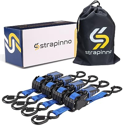 Strapinno 4 Stück automatisch einziehbare Ratschengurte (2,5 cm x 1,8 m), je 680 kg Bruchfestigkeit, robuste Spanngurte für Ladungssicherung, wetterbeständige Sicherheits-S-Haken, Blauer Gurt