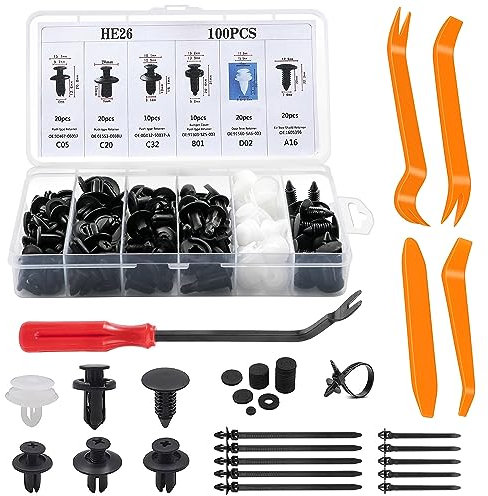Befestigungsclips Auto Befestigung Clips Set, 135tlg Auto Demontage Werkzeuge Set, mit 6 Arten Kunststoff Spreiznieten Karosserie Clips, Innen-Verkleidung Hebelwerkzeug, Kfz Zubehör