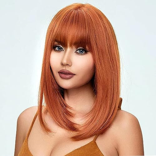 PORSMEER Perücke Schulterlang Gerade Glatt Perücke bob Orange Mittellang mit Pony für Frauen Mädchen Natürliche Kunsthaar für Karneval/Fasching Halloween Kostüm Party,40cm