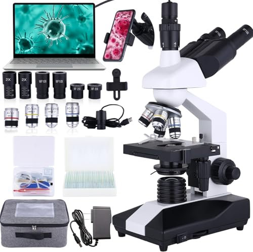 Herwicm Microscopio trinocular compuesto de aumento de 40X-5000X, microscopio profesional de grado de investigación, dos niveles de iluminación LED mecánica, cámara de video USB con microscopio para