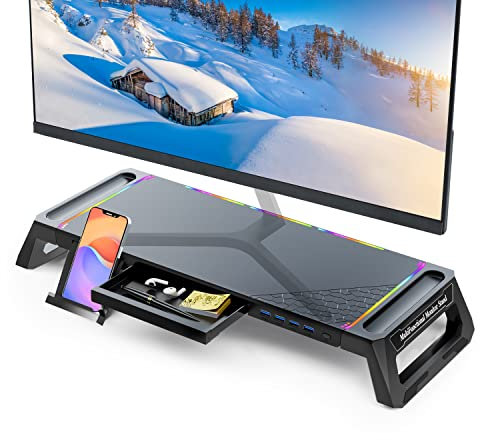 MOOJAY Monitor Stand for Desk RGB Gaming Lights with 4 USB 3.0 Hub, Foldable Computer Screen Riser with Storage Drawer and Phone Holder, Desk Organizer with Pen Tray for PC/Laptop/iMac - Black