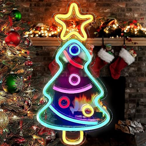HEMOER Christmas Tree Neon Sign, Xmas Trees LED Neon Lights Signs Wall Decor, Colorful Festival USB Powered Christmas Neon Sign with Switch for Home, Bedroom, Party Decorations Festival Gift