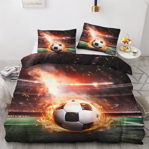 GEDAEUBA Bettwäsche 140x200 Fußball - Jungen Bettbezug 140x200 2er Set, Wendebettwäsche und Kissenbezug 70x90, Weiche & Angenehme & Atmungsaktive Mikrofaser Bettwäsche-Sets mit Reißverschluss