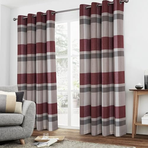 always4u Vorhänge, 100 % blickdicht, schalldämmend und thermisches Futter, Ösenvorhang mit Büffelkaro für Wohnzimmer, Schlafzimmer, modern und künstlerisch, Rot und Beige, 140 x 260 cm, 2 Stück