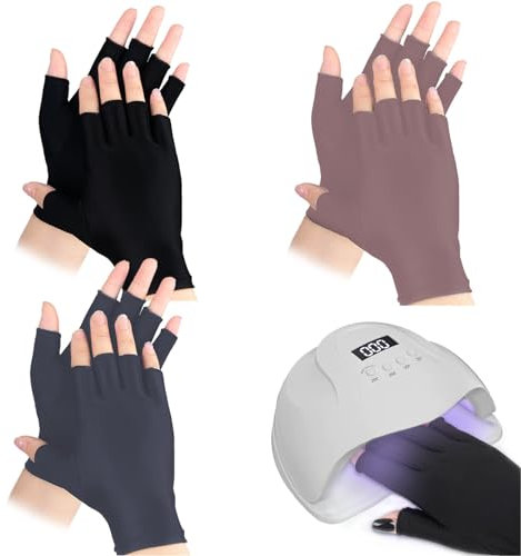 Teokantz 3 Paar UV Handschuhe Nägel, Handschuhe UV Lampe, UV Schutzhandschuhe, Fingerlose Handschuhe Damen für UV Lampe Nägel, Sport, Autofahren, Gartenarbeit (Schwarz Grau Lila)