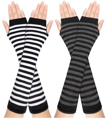 Becellen 2 Paar Lange Armstulpen, Thermo Gestrickte Fingerlose Handschuhe Warm Winterhandschuhe Dehnbar Handstulpen mit Daumenloch Über für Damen Herren