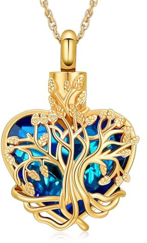 QGJNSGC Tree of Life Urn Necklace for Ashes Heart Cremation Jewelry for Women Men Crystal Ash Pendant Loved One Memorial Jewelry with Funnel Filler Jewelry Gifts