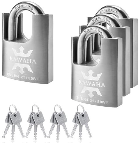 KAWAHA 21/50-4PS Hochsicherheits-Vorhängeschloss aus Edelstahl mit Edelstahlschlüssel für den Innen- und Außenbereich (robust, rostfrei) (50 mm), gleichschließend, 4 Stück