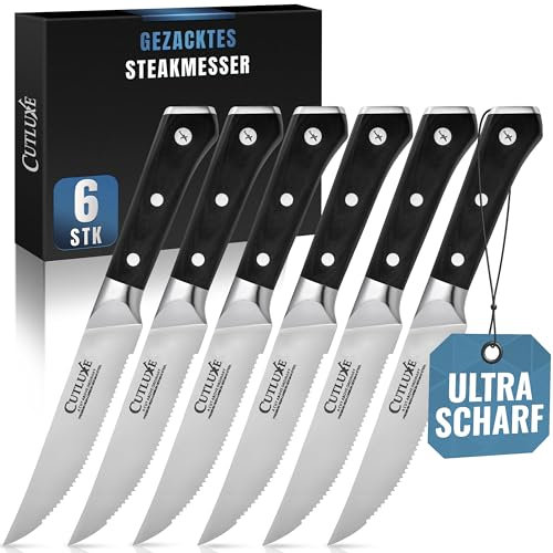 Cutluxe Couteau a Steak – Lot de 6 Couteaux de Table Dentelées – Couteau a Viande en Acier Allemand au Carbone Forgé, Pleine Soie, Manche Ergonomique – Série Artisan