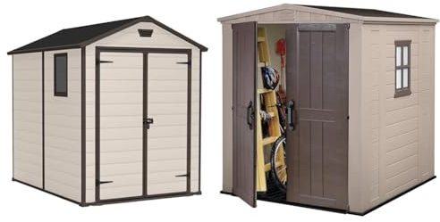 Keter Manor Outdoor Apex Double Door Garden Storage Shed 6 x 8ft Beige Brown Wood effect & 17197898 Factor Outdoor Garden Storage Shed, Beige, 6 x 6 ft