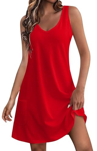 Generic Robe Femme Plage Été Fluide Mi Longue Jaune Coton Large Enceinte Women's Dress Chic Rouge S