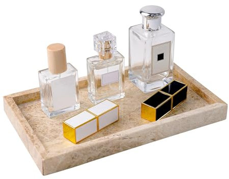 WORHE Italy Natural Marble Vanity Tray for Jewelry, Perfume, Makeup, Candle, Modern Decorative Trays for Bathroom Bedroom Dresser Rectangle Kitchen Storage Organizer for Home Decor Light Brown (WH038)