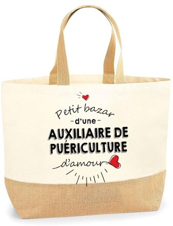 Planetee Sac Auxiliaire De Puériculture d'Amour | Cabas de Plage Courses Coton et Toile de Jute Idée Cadeau Femme