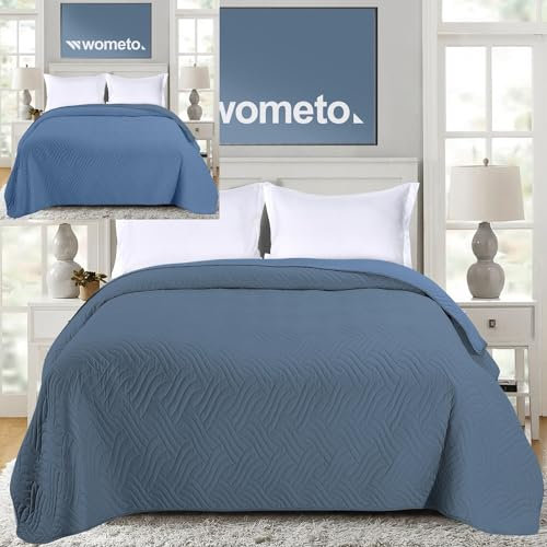 wometo Tagesdecke 170x210 cm OekoTex - Microfaser-Bezug Rauchblau blau wattiert gesteppt Wende-Design XXL Sofa Couch Bett Bettüberwurf