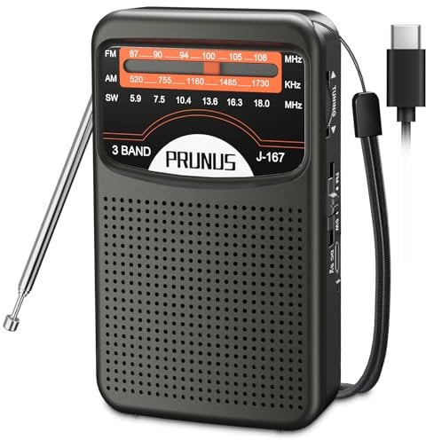 PRUNUS J-167 AM/SW/FM/UKW Radio Klein, Taschenradio Mini Radio mit Akku Wiederaufladbarer, Transistorradio mit Exzellentem Empfang, USB-C-Laden, mit Kopfhöreranschluss, Einfaches Radios für Senioren.
