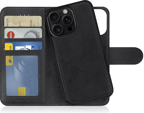 MyGadget Flip Case für iPhone 16 Pro - [ abnehmbare Magnet Hülle ] - Handyhülle aus Kunstleder - [ Klapphülle mit Kartenfach ] Schutzhülle in Schwarz