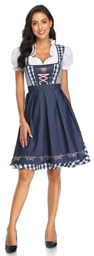 Angenster Dirndl pour Femme - Costume Oktoberfest - Mode Traditionnelle à Carreaux - Robe avec Tablier - Bleu