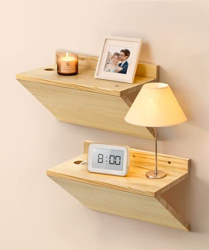 Sivapleso Table de nuit flottante en bois de noyer - Table de chevet flottante en forme de Z - Table de nuit murale à suspendre pour chambre à coucher (2, bois naturel)