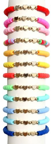 BENIFILE Friendship Bracelets, 12 Preppy Colorful Bracelets for Girls, BFF Adjustable Heart Clay Beads Set for Summer Surfer Beach Party Accessories